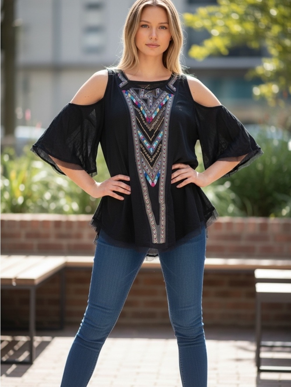 Gypsy Spell Cold Shoulder Top Anthropologie Boho Embroidered Mesh L
